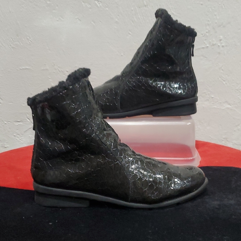 Arche Patent Leather Snakeskin Wool Lined Boots In Black Size 36 Or 5